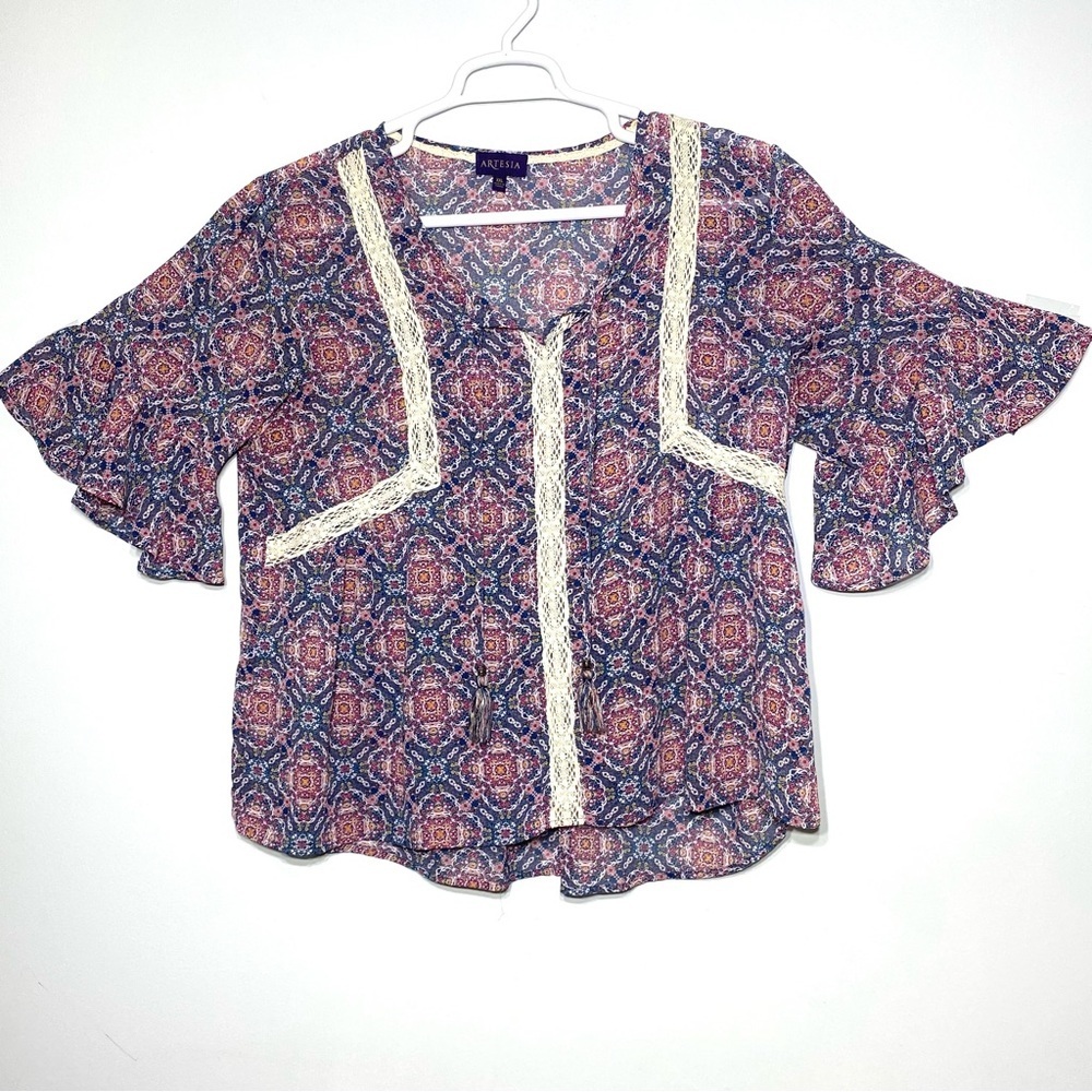 Artesia Women's XXL Geometric Blouse V Neck Lace Tassels Flutter Short Sleeve